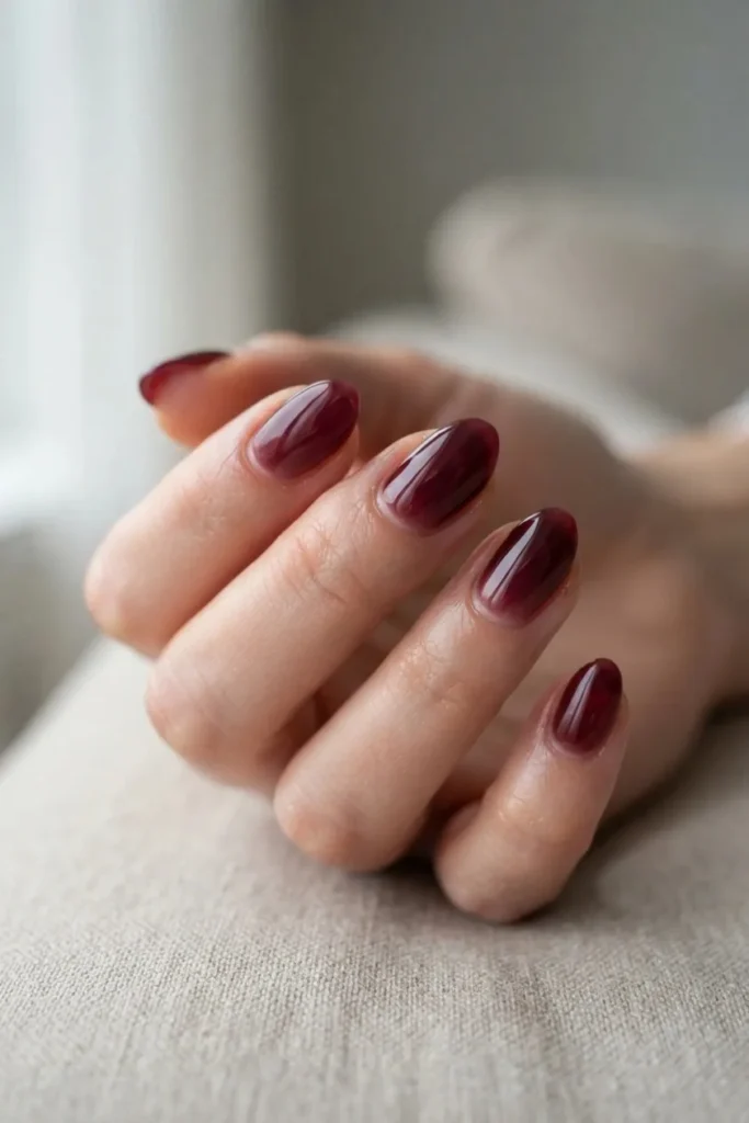 Short almond nails in a translucent deep burgundy jelly polish built up in sheer layers