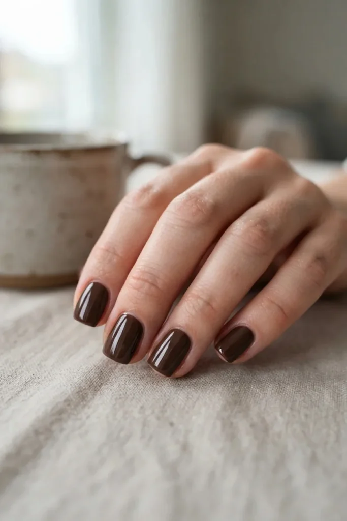 Short square nails in a rich espresso brown creme polish