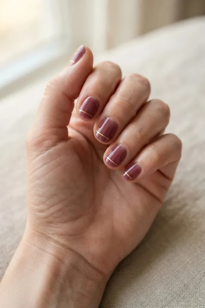 Sheer plum nails with a single fine gold line drawn across each nail