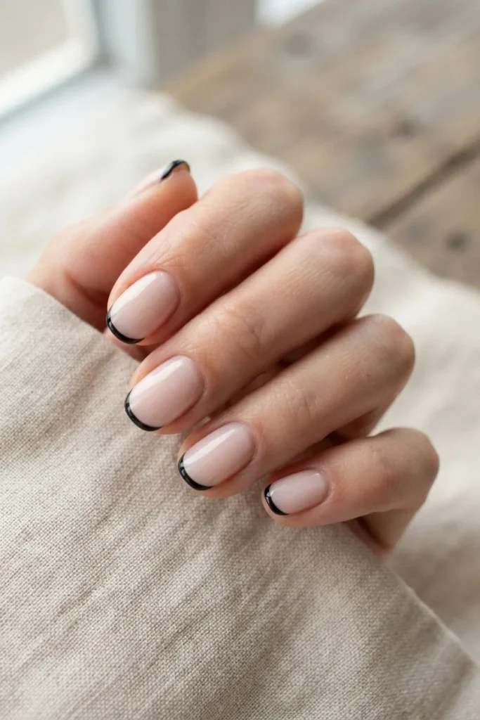 Nude nails with a very thin black line along the free edge in place of a French tip