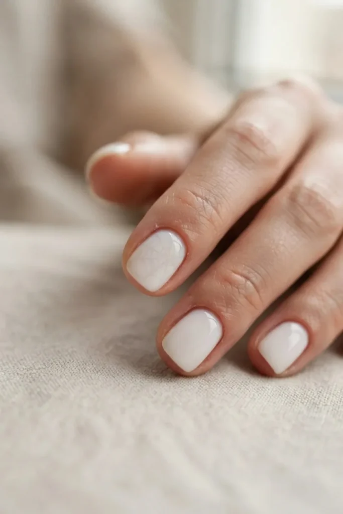 Milky white nails with a faint pale gray cobweb barely visible on one nail