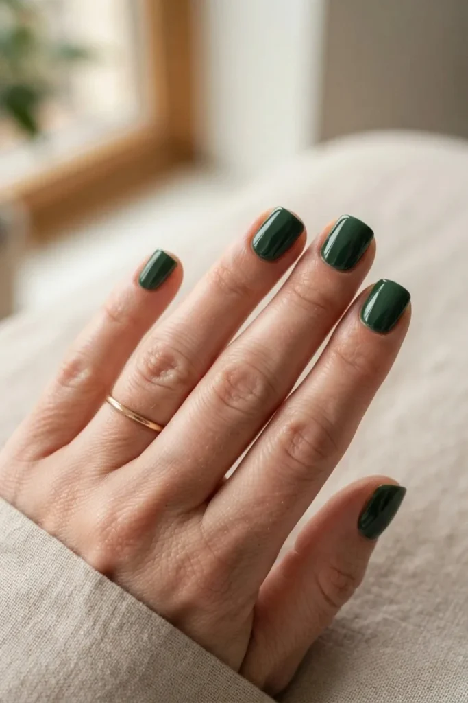 Short square nails in a deep forest green creme polish