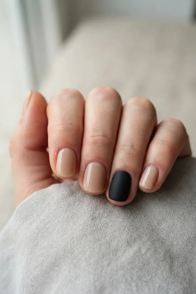 Nude nails with a single flat matte black accent nail on the ring finger