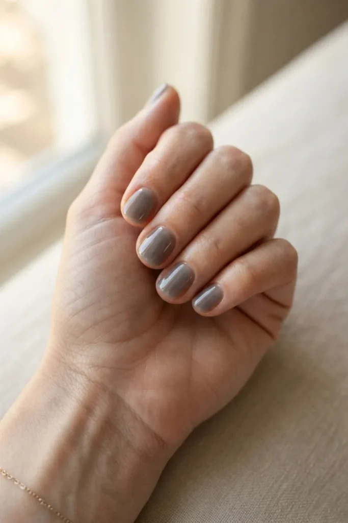 Short nails in a sheer smoke gray wash finished with a glossy top coat