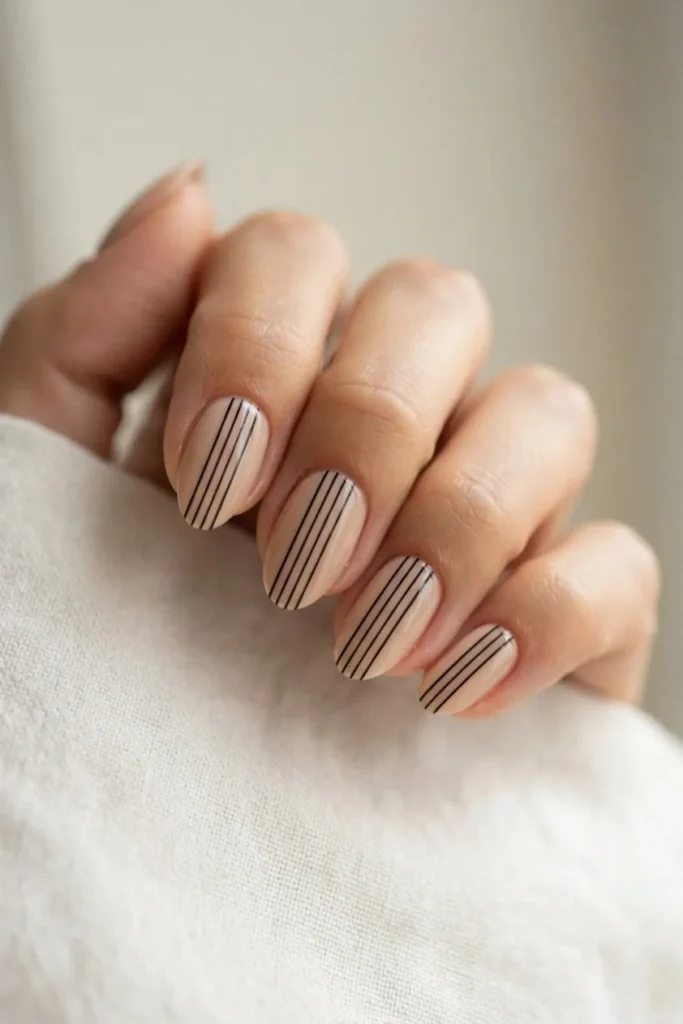 Nude nails with fine black pinstripes running lengthwise down each nail