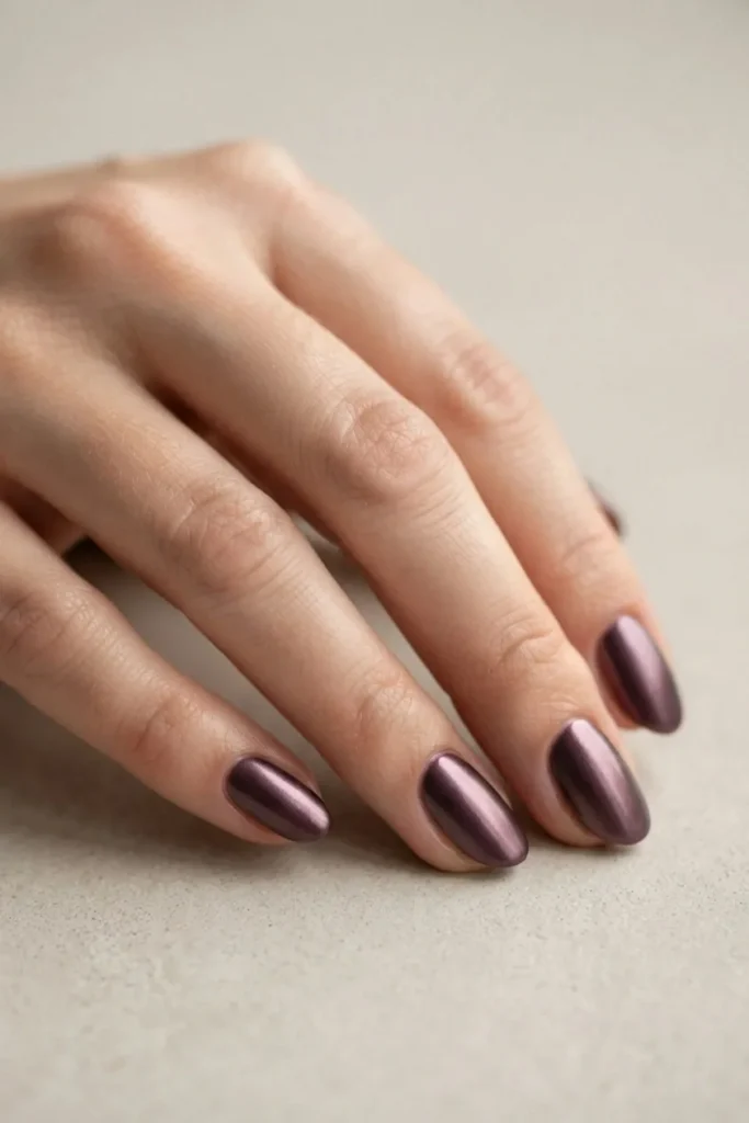 Short almond nails in a subtle aubergine chrome with a soft metallic sheen