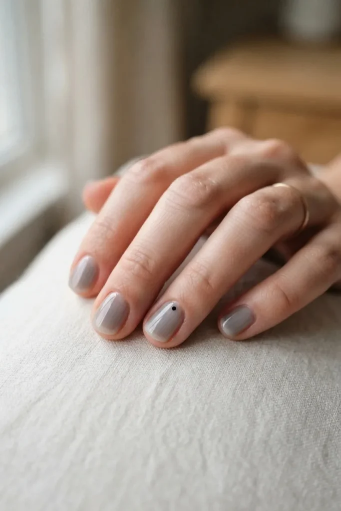 Sheer gray wash nails with one small black dot near the cuticle of the ring finger