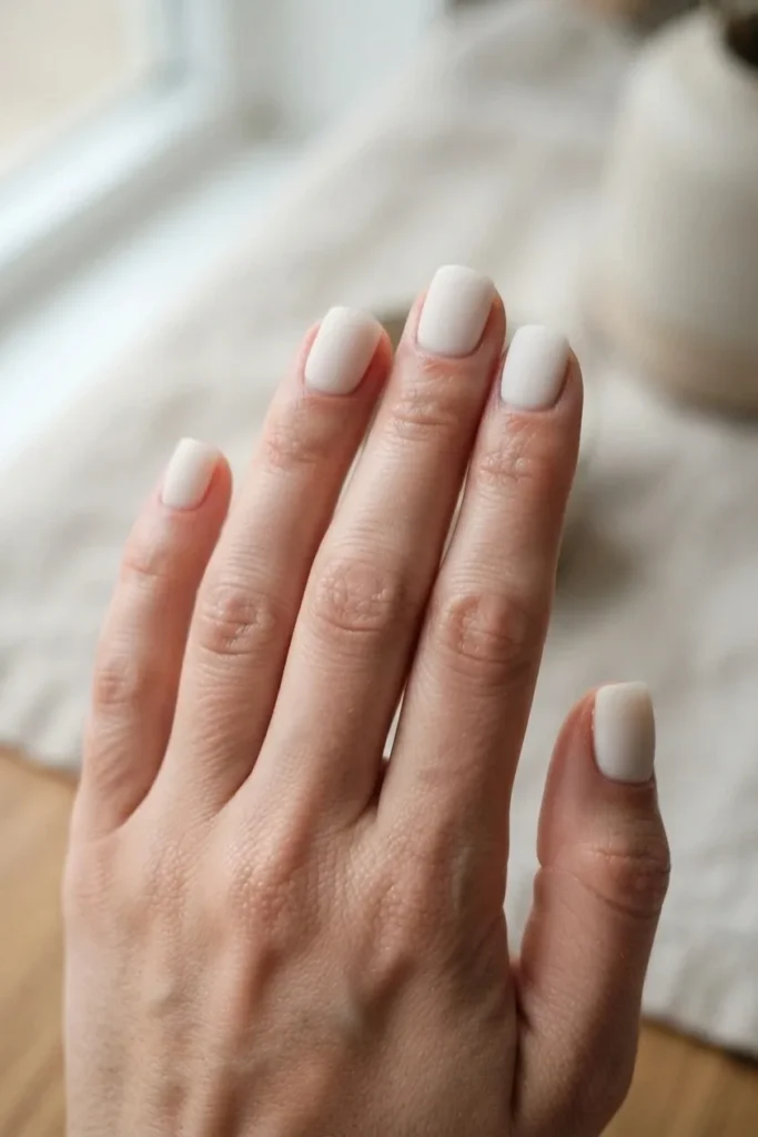 Short square nails in a milky off-white nude with a flat matte finish