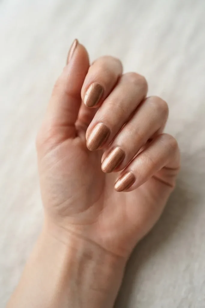 Short almond nails in a fine warm bronze shimmer polish