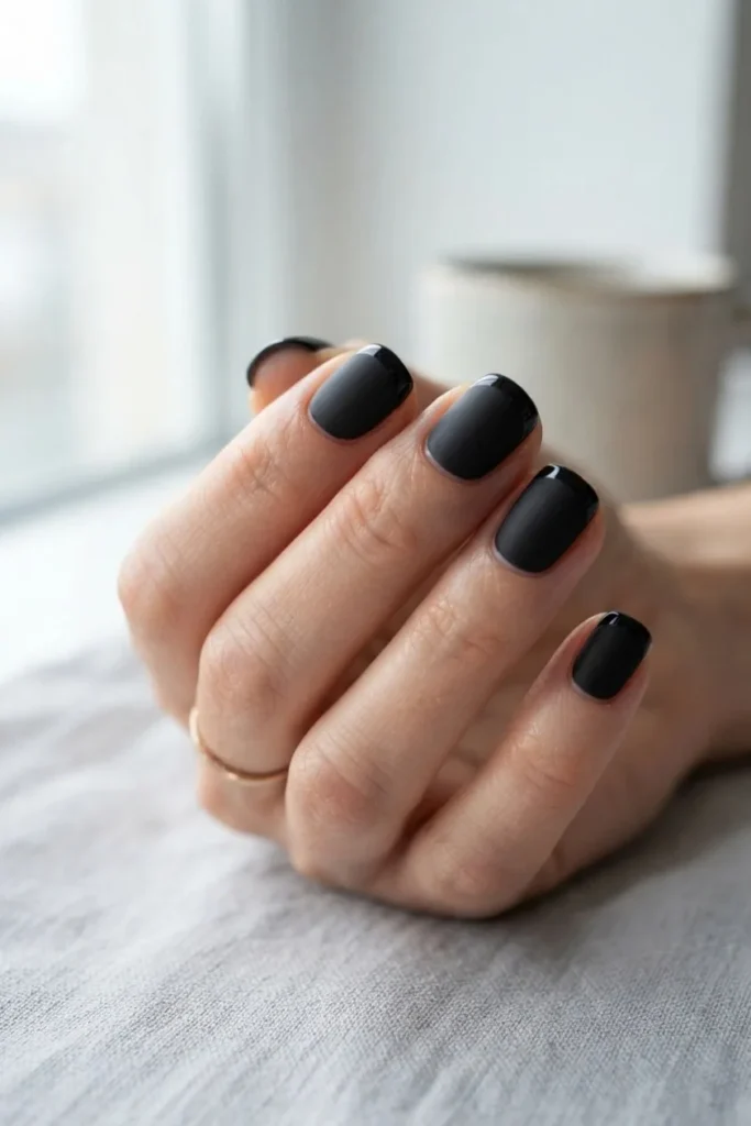 Short black nails with a glossy French tip area over a matte black base