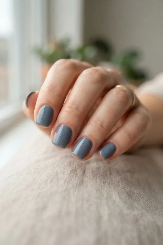 Short square nails in a muted slate gray blue creme polish