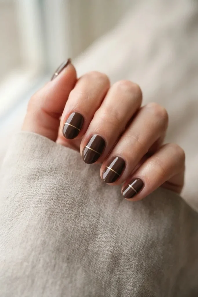 Deep cocoa brown nails with one fine gold line across each nail