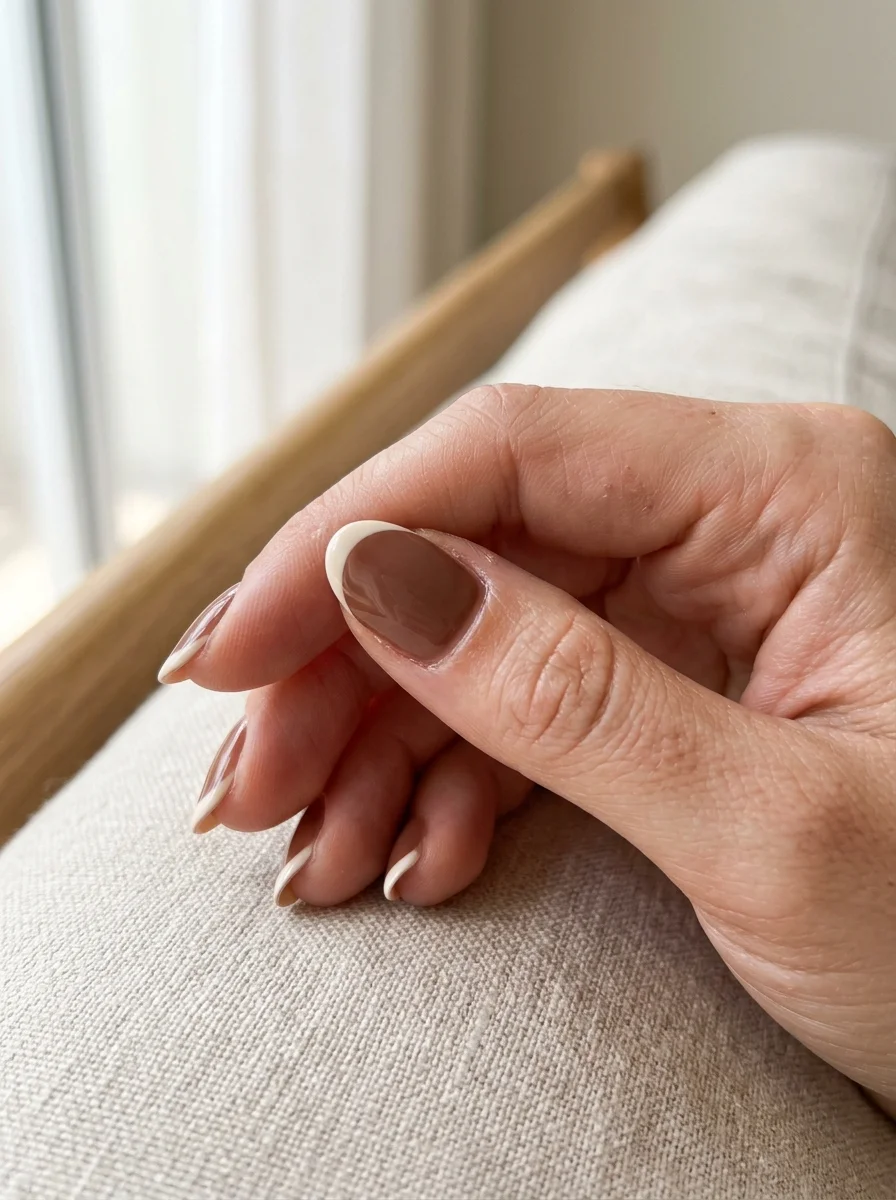 Photorealistic close-up of a hand with warm cocoa brown nails with soft cream French tips