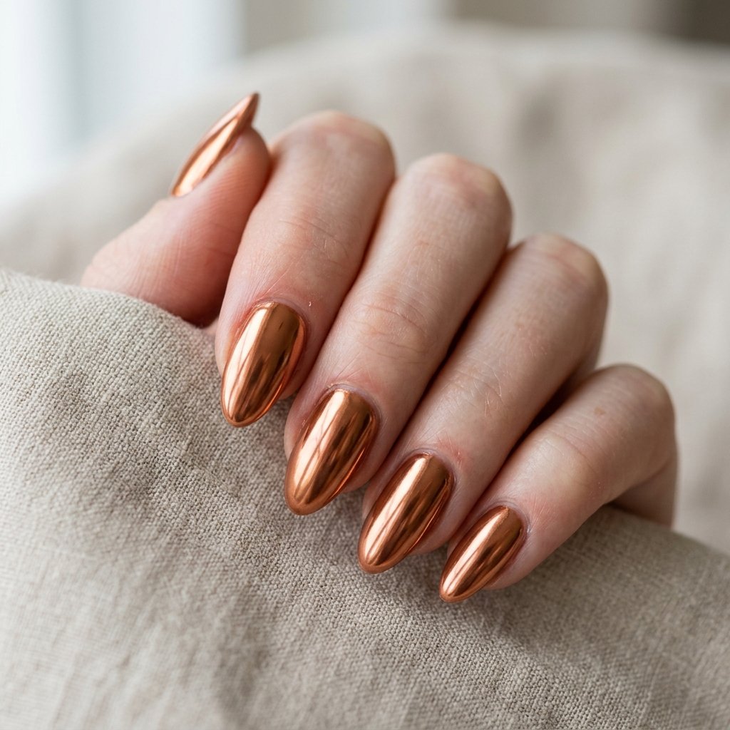 Warm copper metallic nails with reflective mirror finish