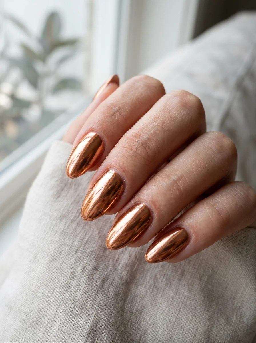 Photorealistic close-up of a hand with nails with a warm copper mirror chrome finish reflecting the light