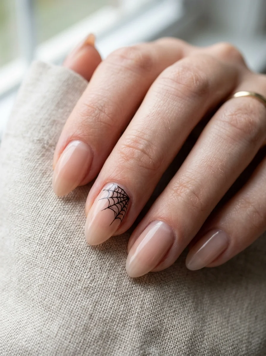 Photorealistic close-up of a hand with sheer nude nails with a fine black spider web occupying the upper corner of one accent nail