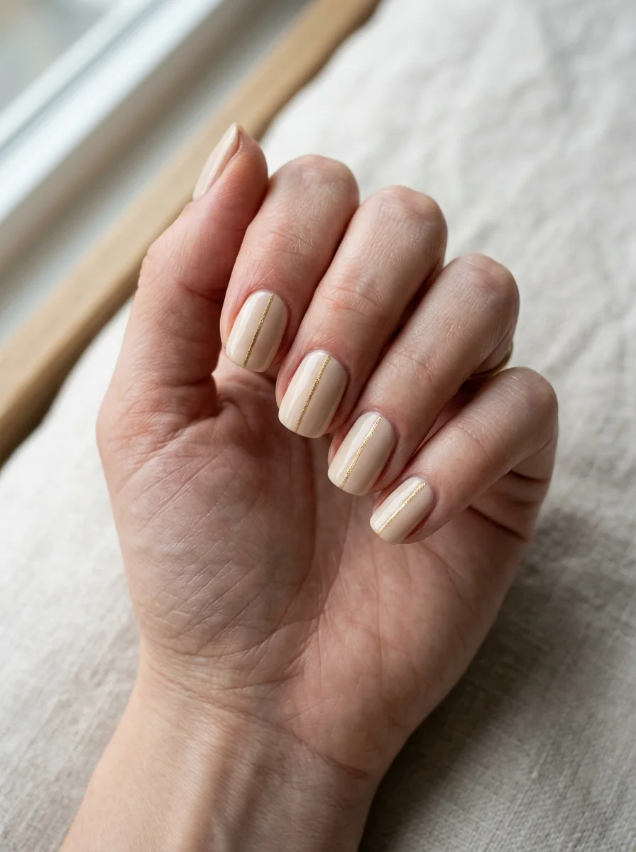 Photorealistic close-up of a hand with soft cream nails with a fine vertical gold line running down the center of each nail