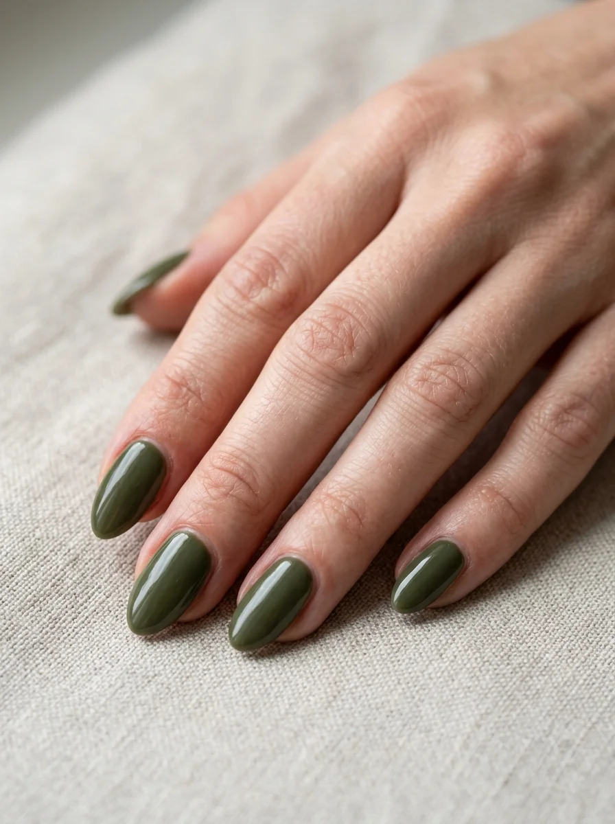 Photorealistic close-up of a hand with a full set of nails in a muted deep olive green with a soft glossy finish