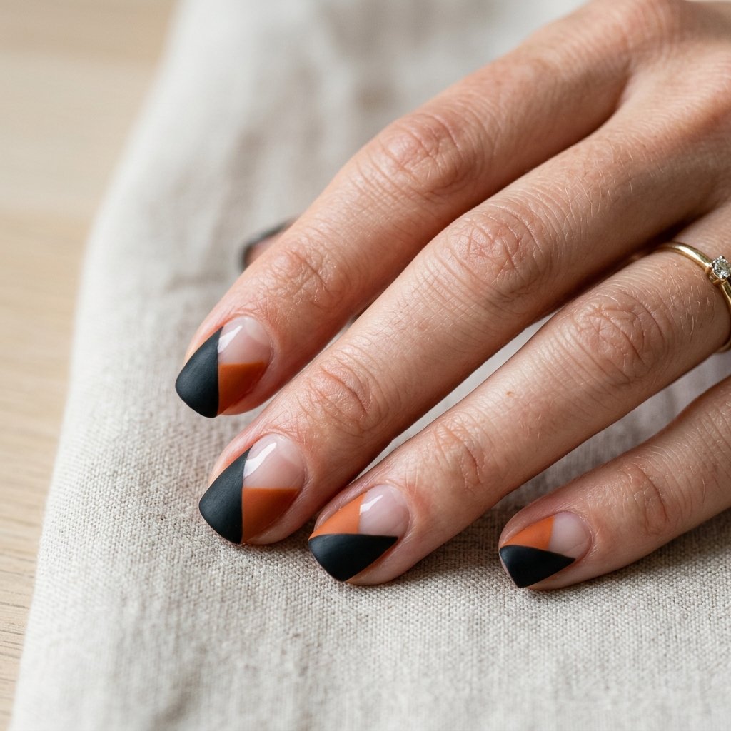 Diagonal color block nail design featuring matte black, burnt orange, and bare nail space