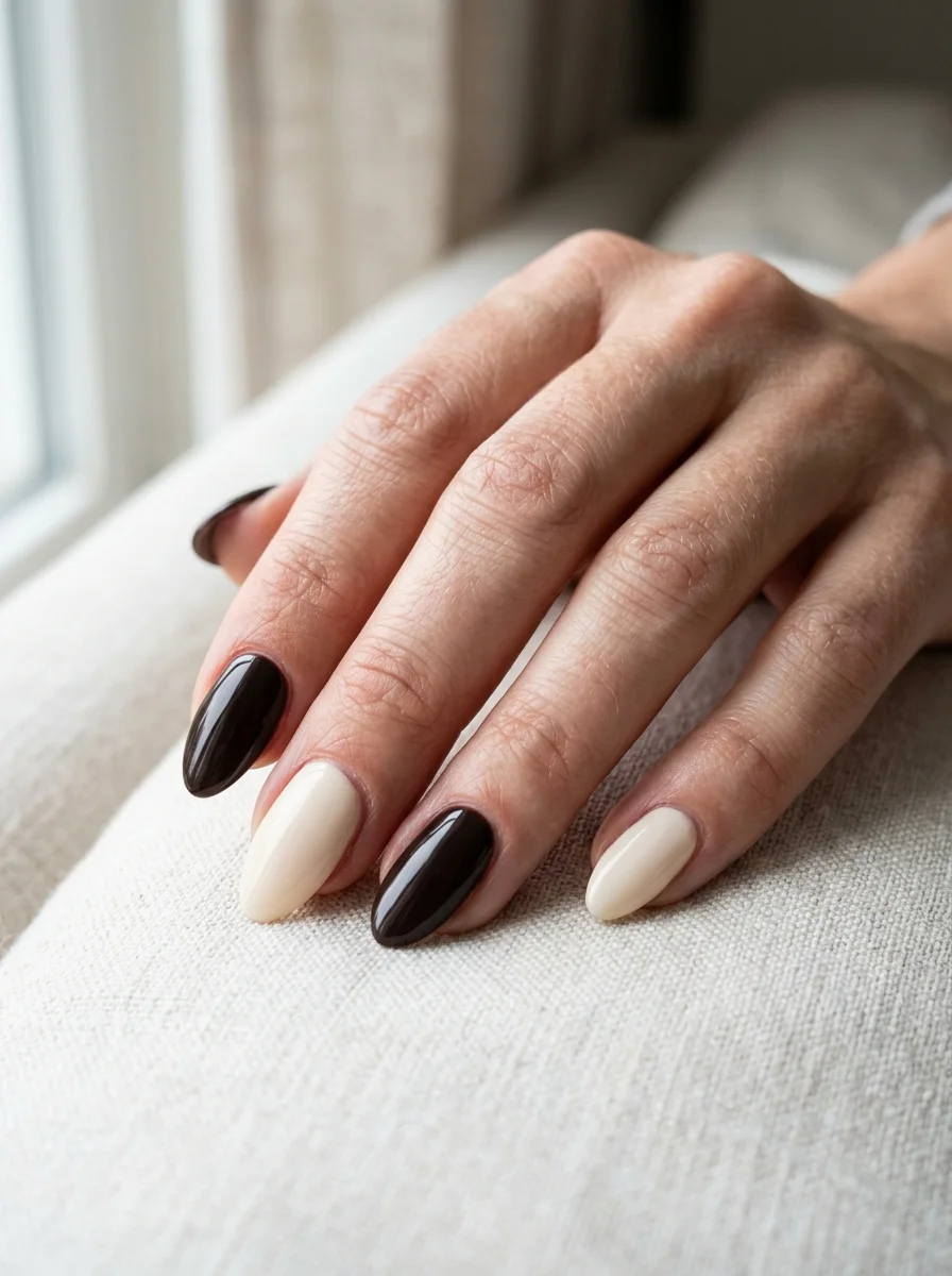 Photorealistic close-up of a hand with nails alternating between very dark espresso brown and soft cream