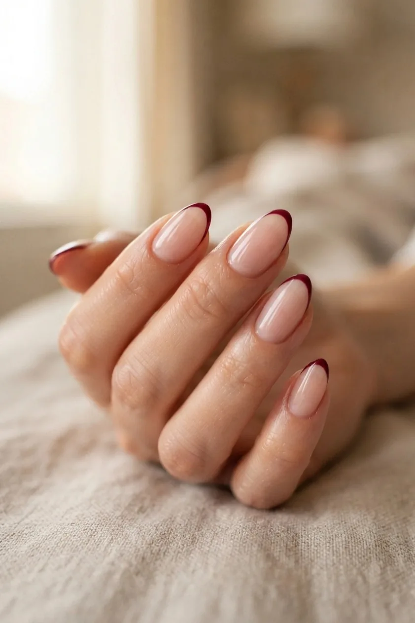 Short nails with a hairline burgundy micro French tip