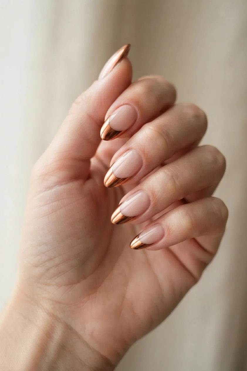 Copper chrome French tips buffed to a metallic shine on nude nails