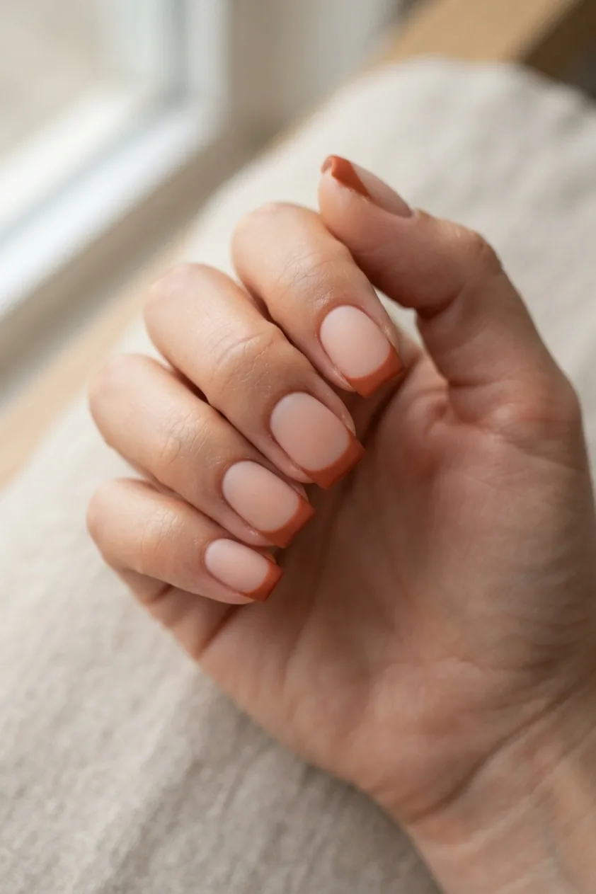 Matte burnt orange rust French tips on almond nails