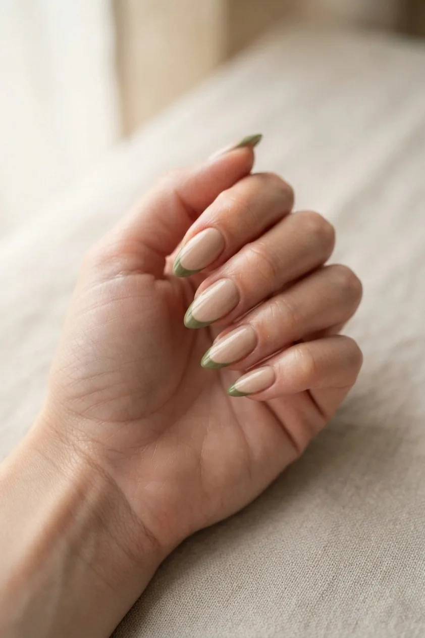 Muted olive green French tips over a soft beige base