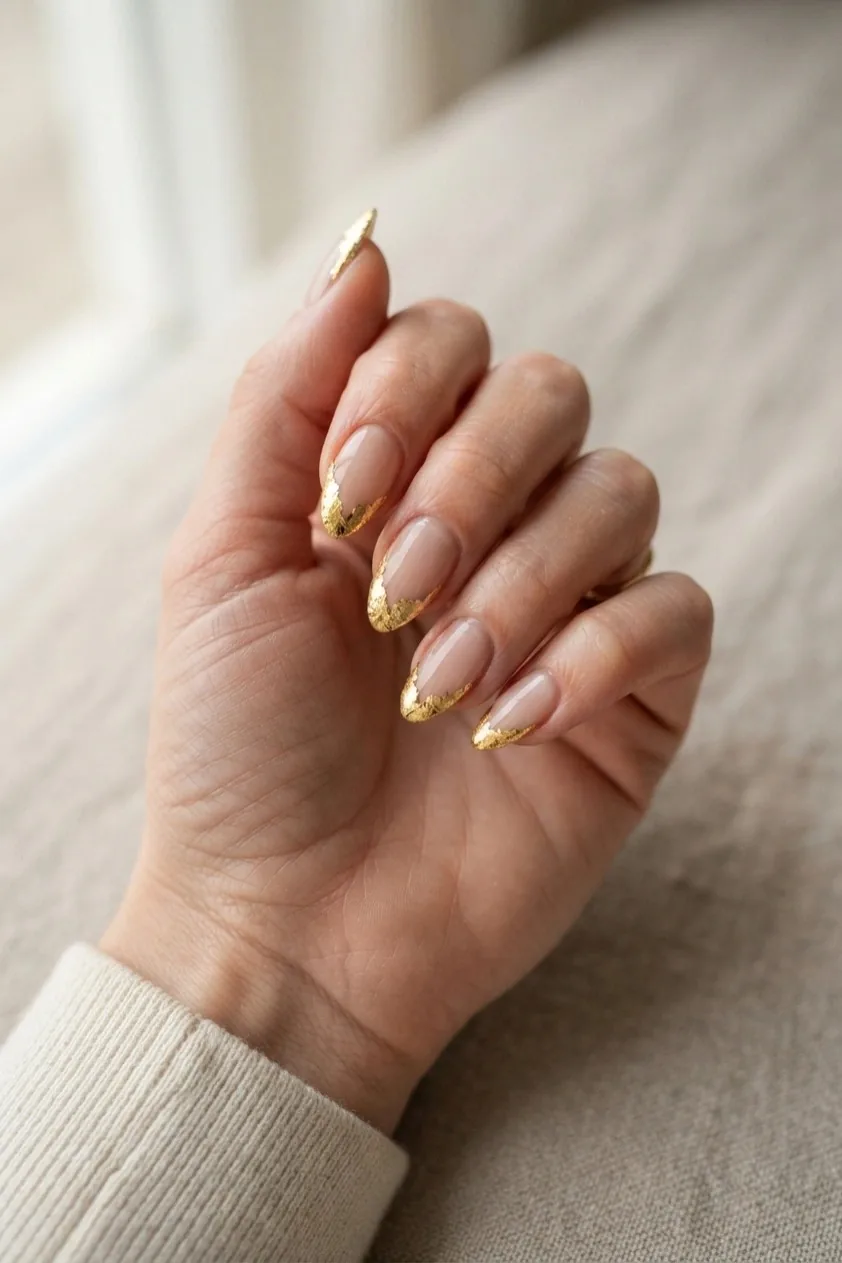 Torn gold foil pressed into the French tip area of nude nails