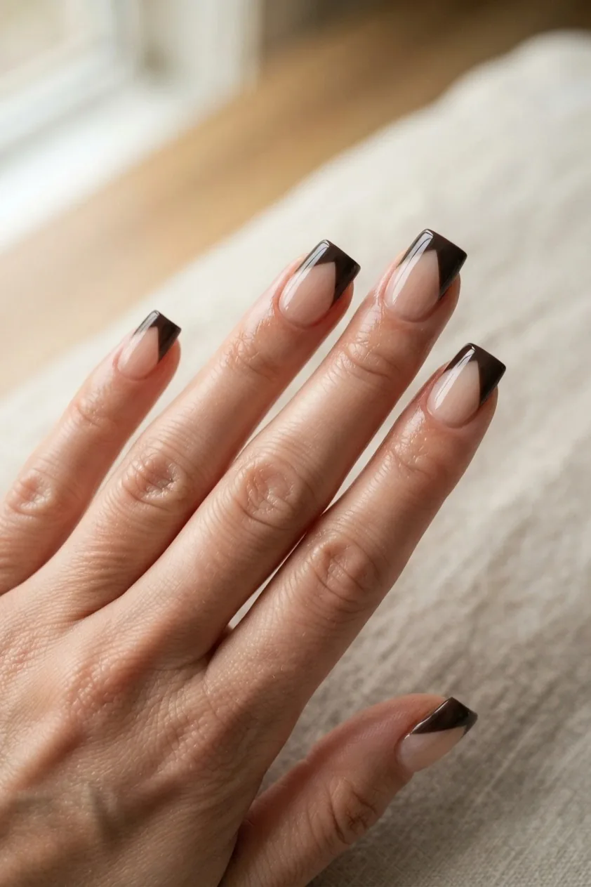 Espresso brown French tips painted at a diagonal angle