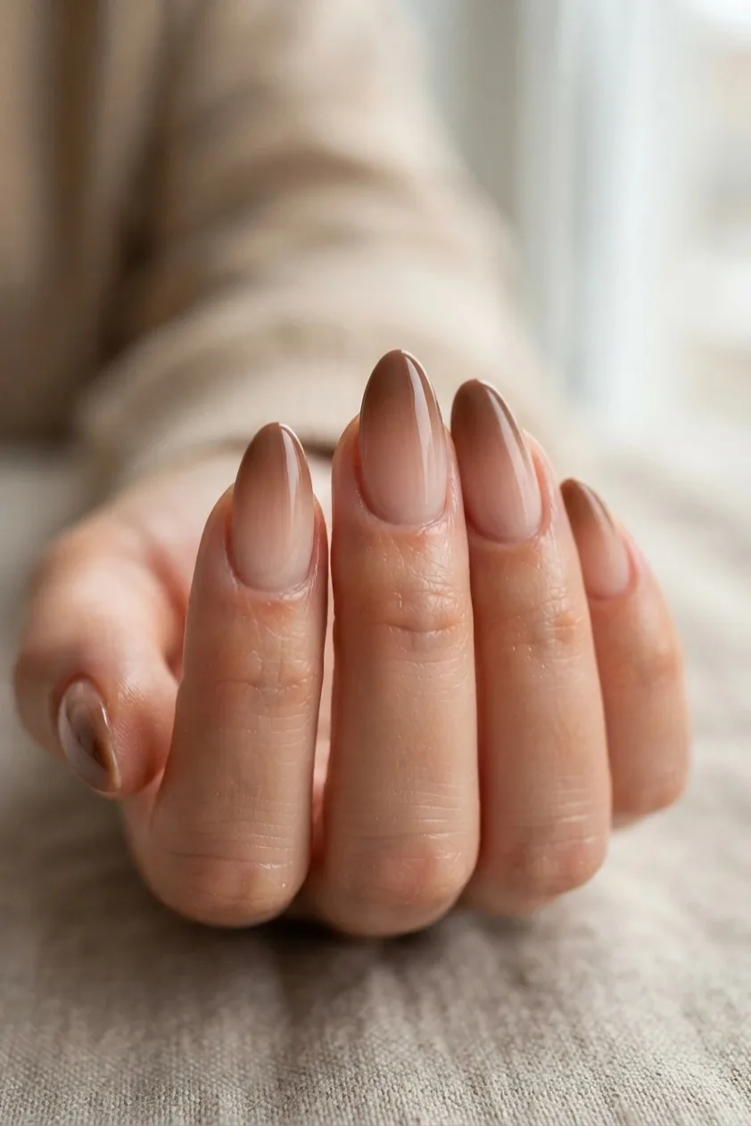 Soft brown ombre fading from the free edge into a nude base