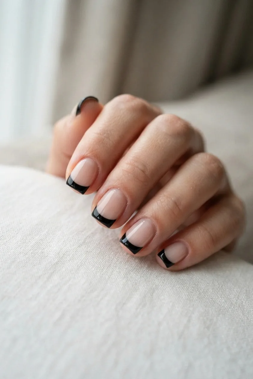 Flat black French tips over an almost bare sheer base