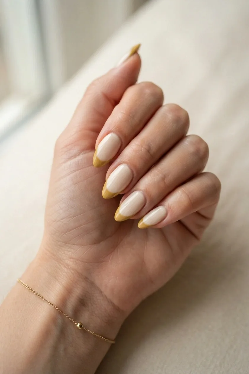 Dull mustard yellow French tips over a cream base