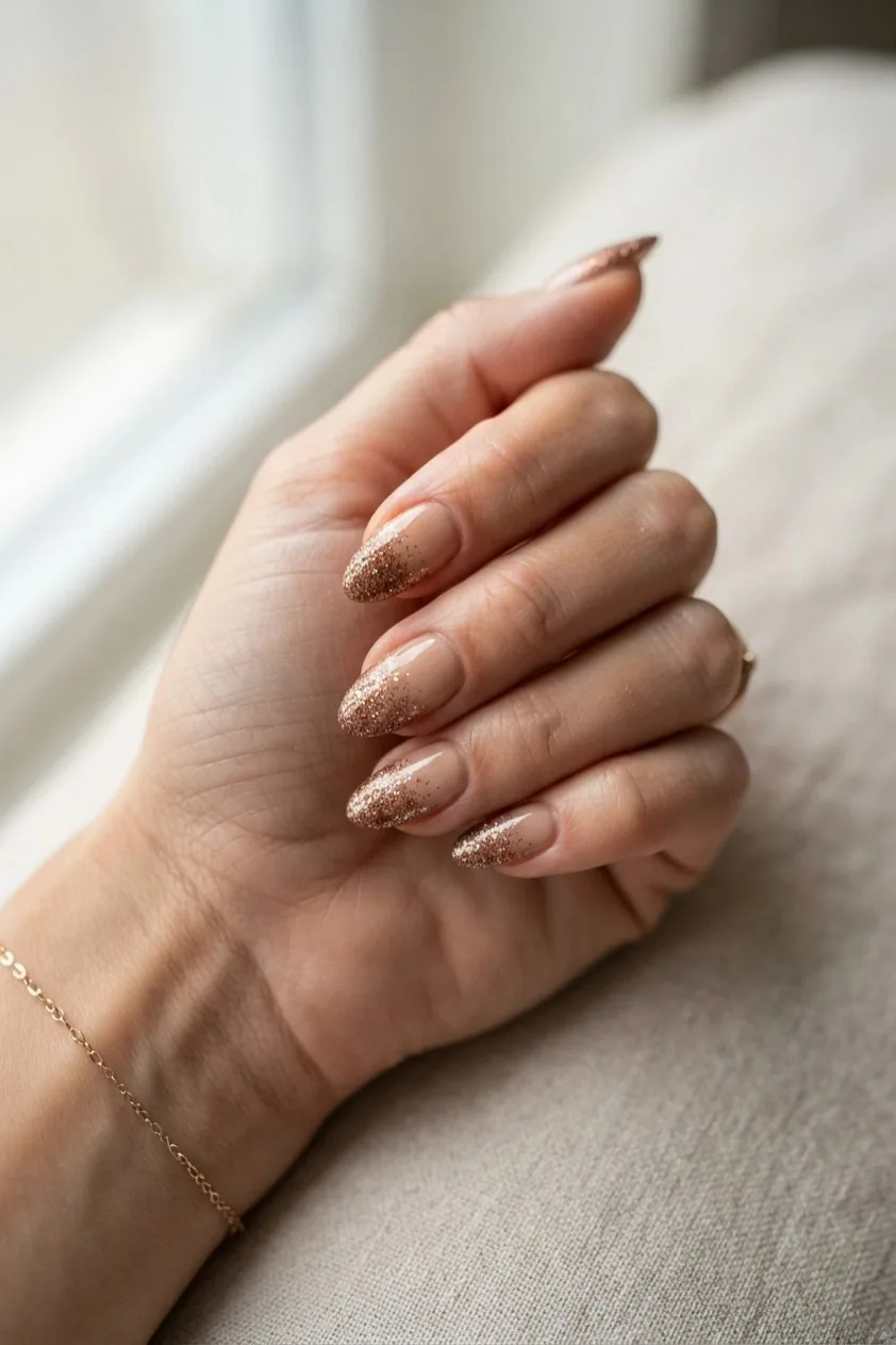 Bronze glitter dense at the tip and fading toward the cuticle