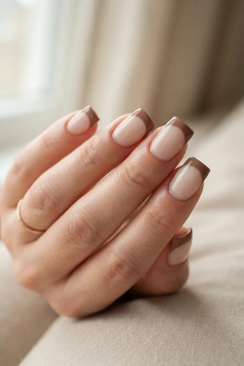 Wide nineties style cocoa brown French tip on square nails
