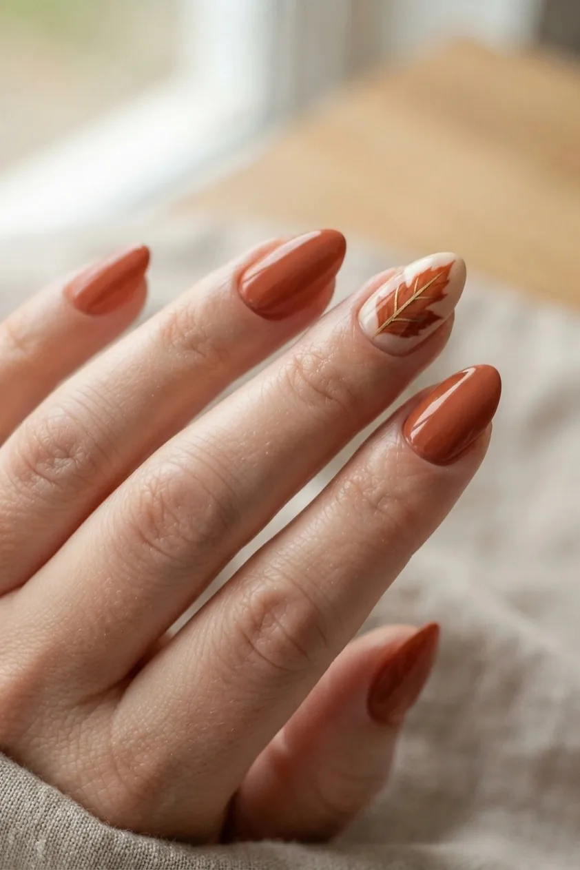 French tip painted in the shape of a single fall leaf