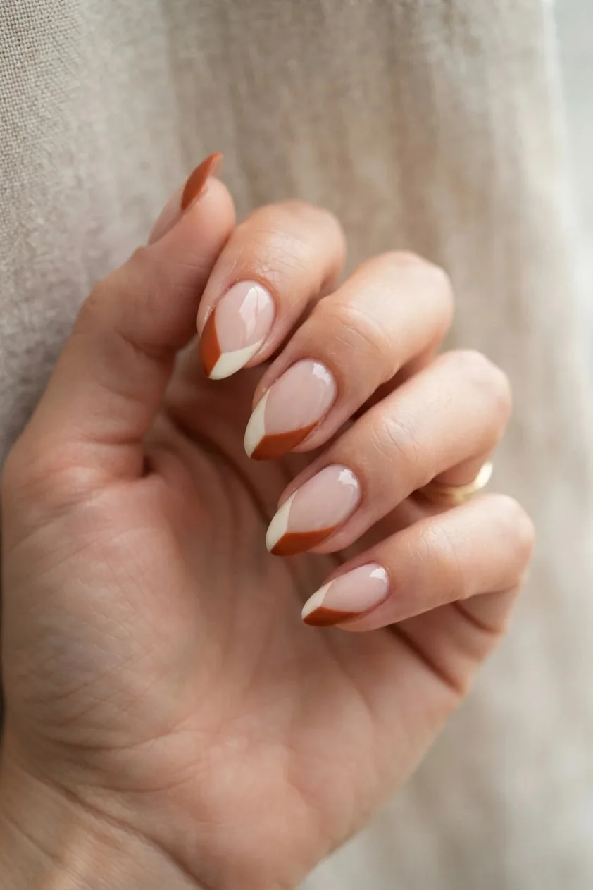 French tip split into two fall colors along the smile line