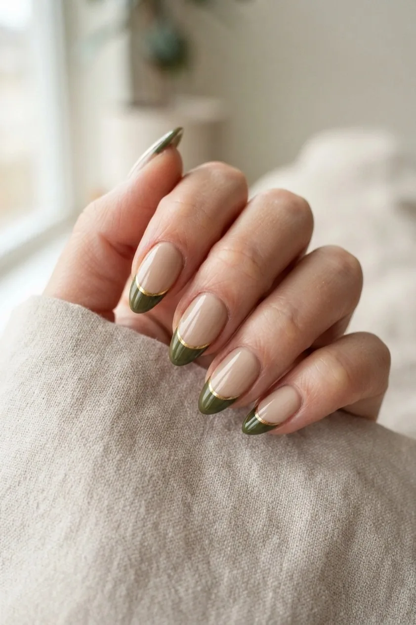 Olive French tip separated from the base by a thin gold line