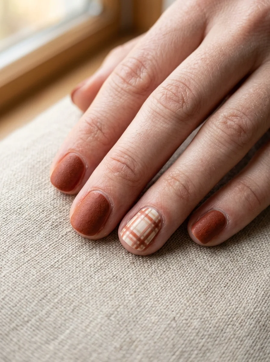 Photorealistic close-up of a hand with rust nails with one accent nail carrying a soft rust and cream plaid pattern