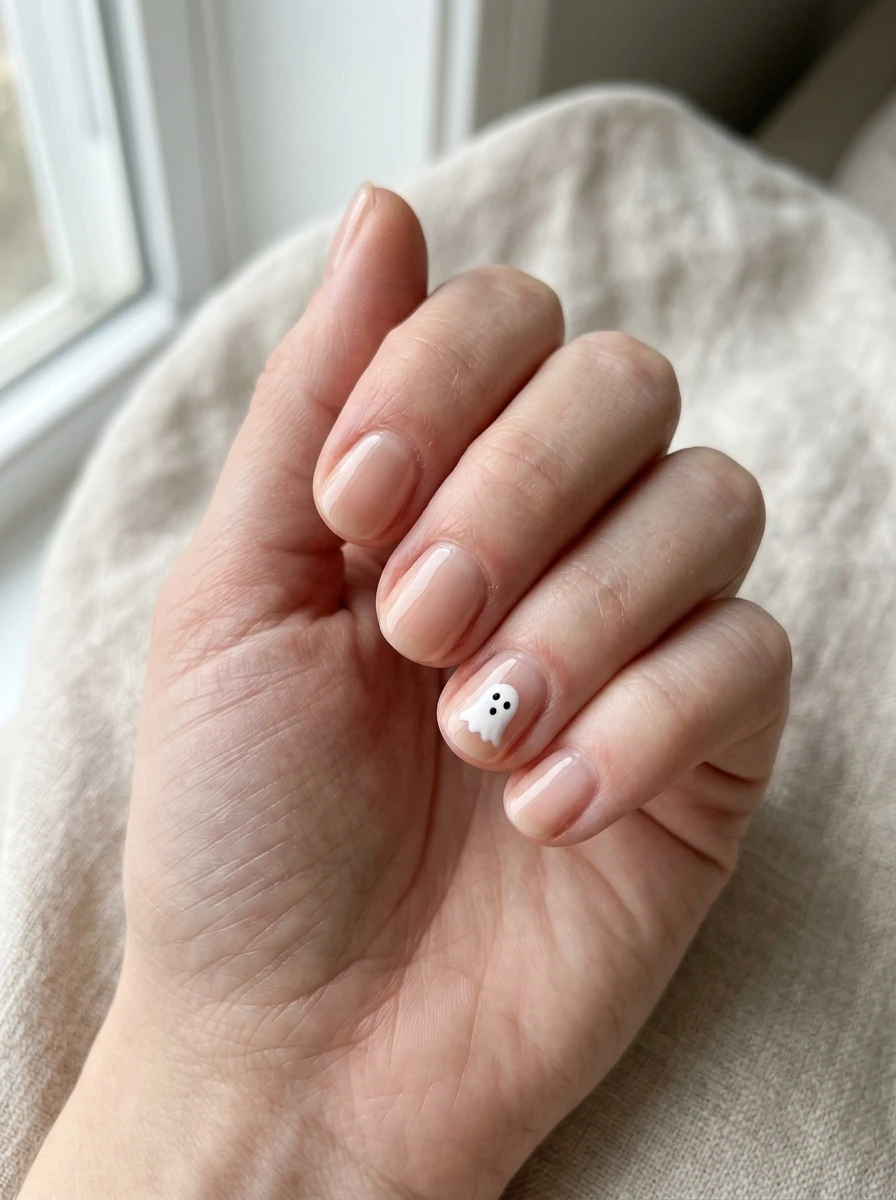 Cute Ghost Nails: Single ghost on sheer nude