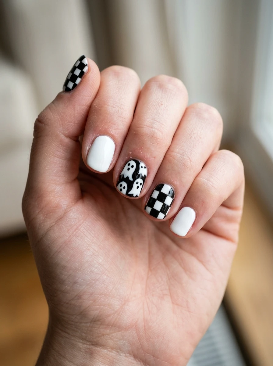 Cute Ghost Nails: Ghost and checkerboard
