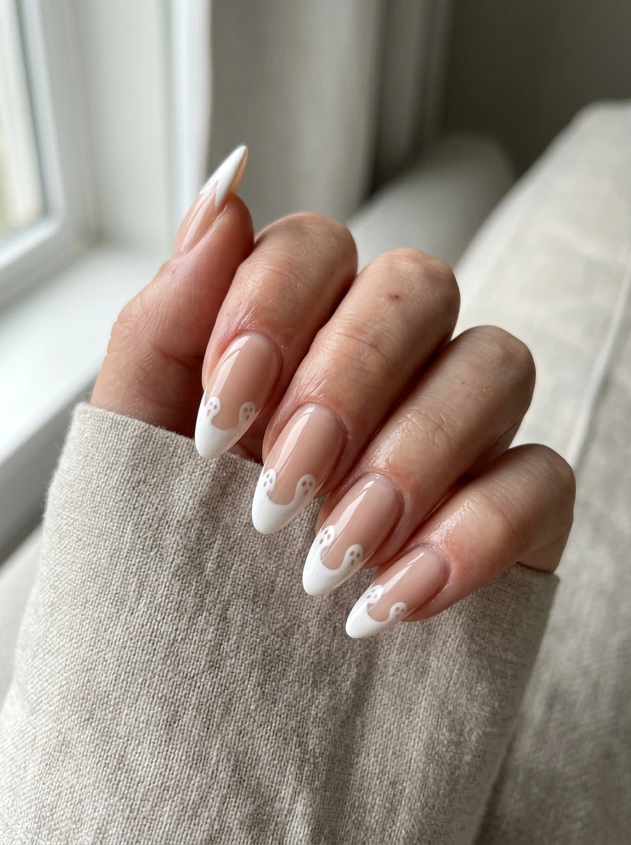 Cute Ghost Nails: Ghost tips on almond nails