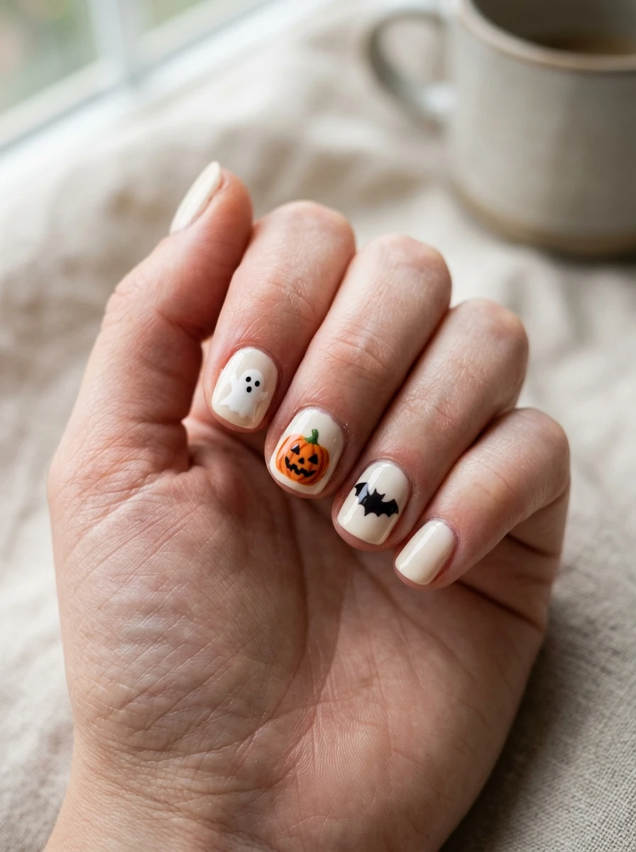 Cute Ghost Nails: One ghost, one pumpkin, one bat