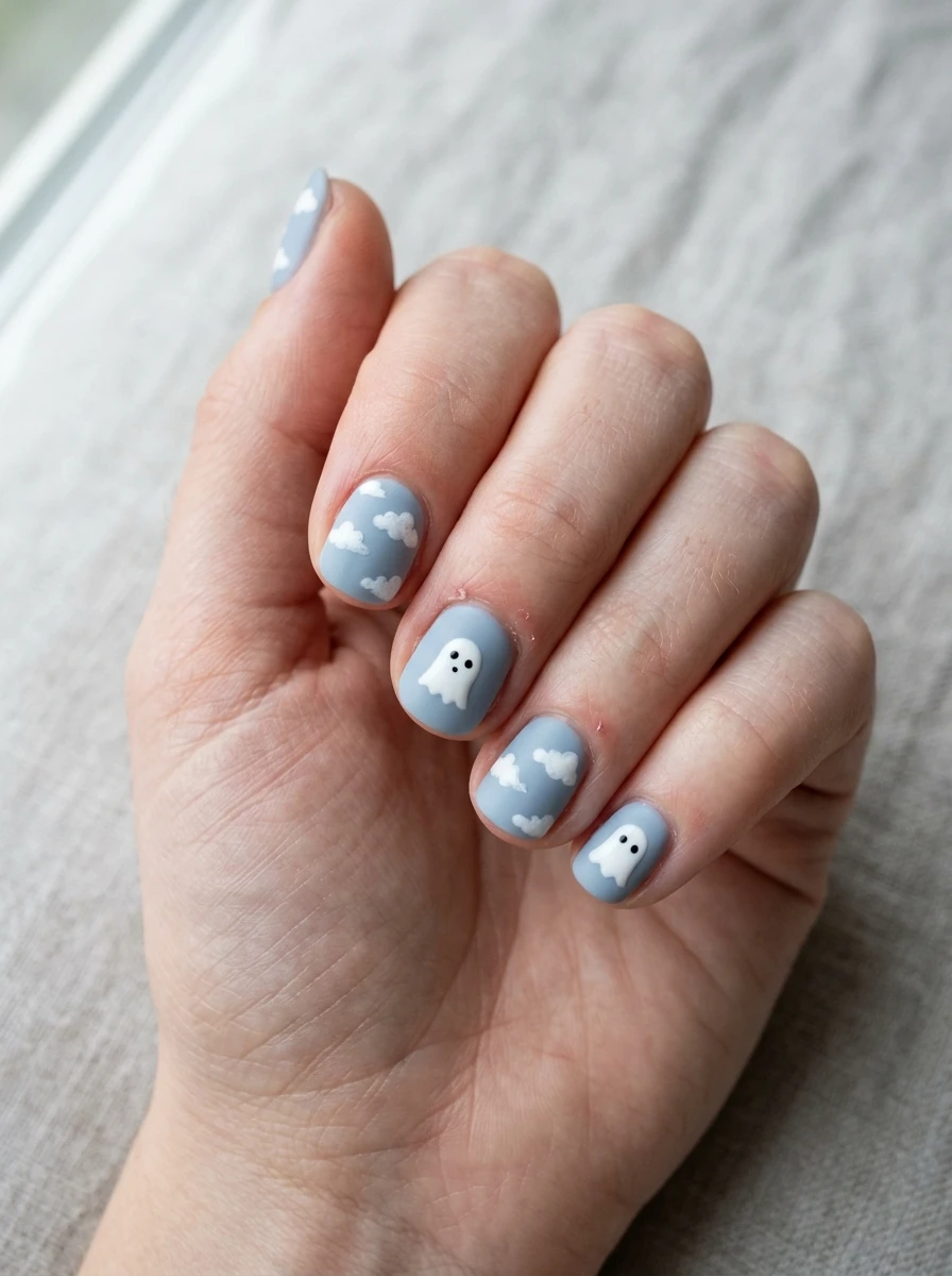 Cute Ghost Nails: Ghost and cloud combo