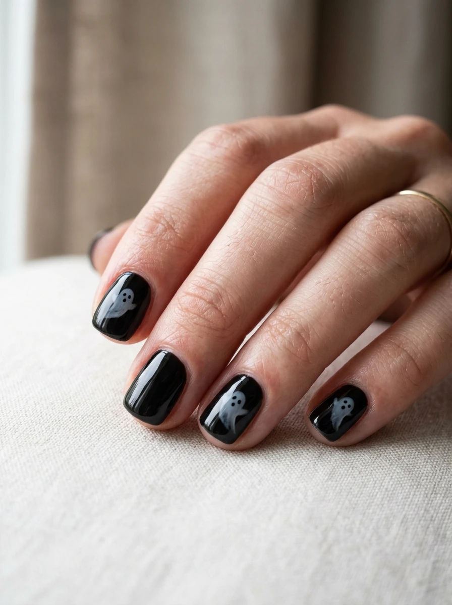 Cute Ghost Nails: Sheer ghost on black