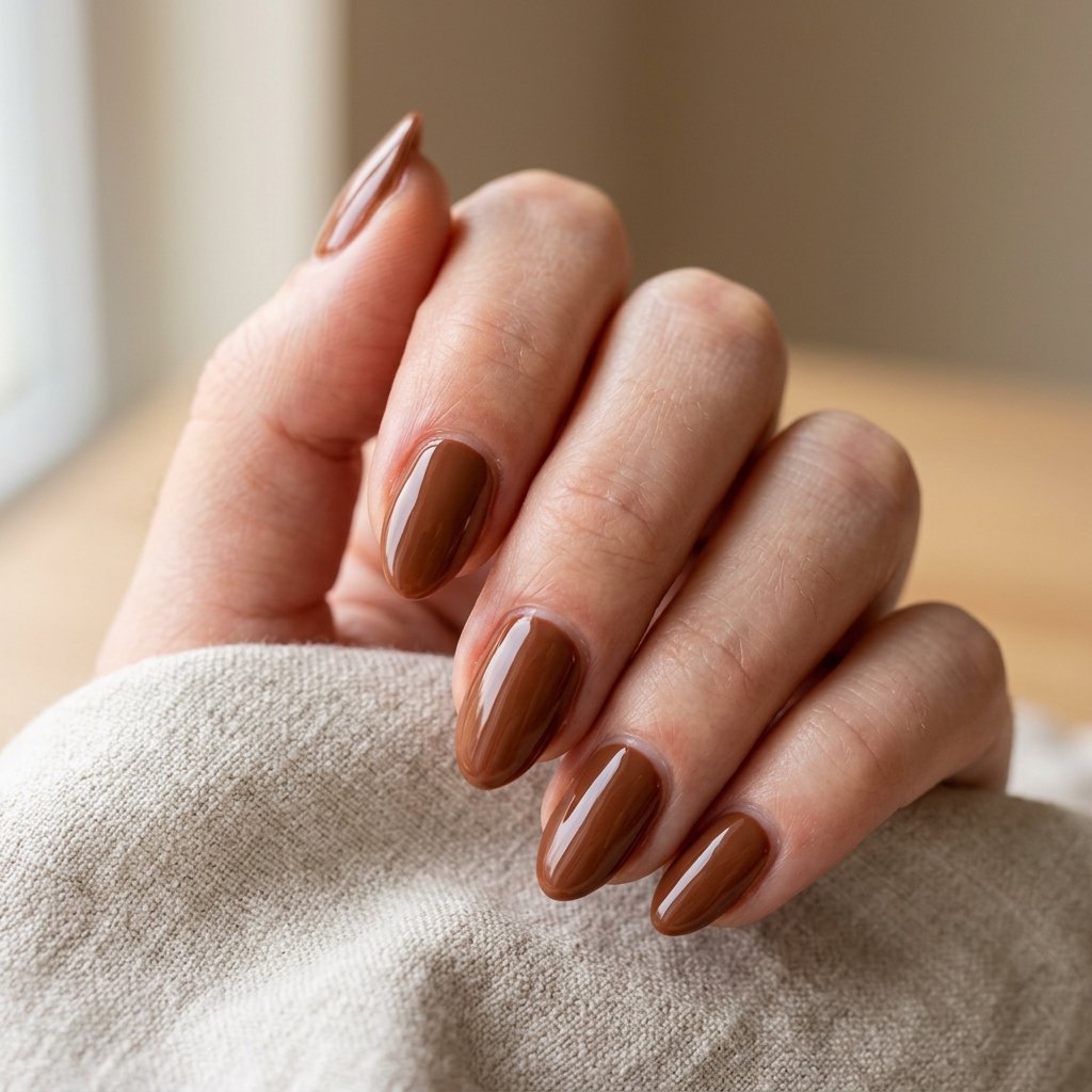 Glossy warm chestnut brown creme manicure on short almond nails