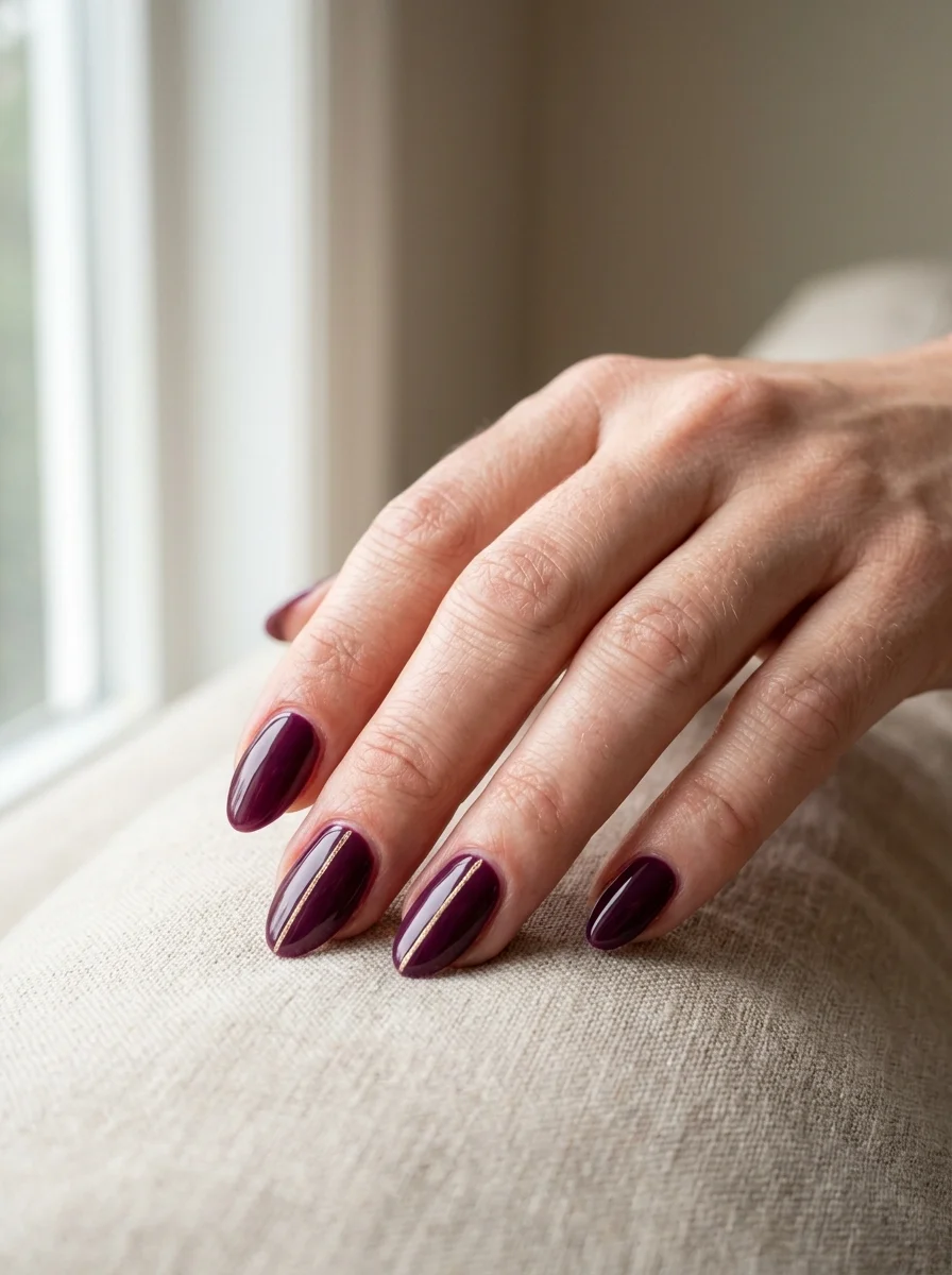 Photorealistic close-up of a hand with deep plum nails with a fine gold line running down two accent nails