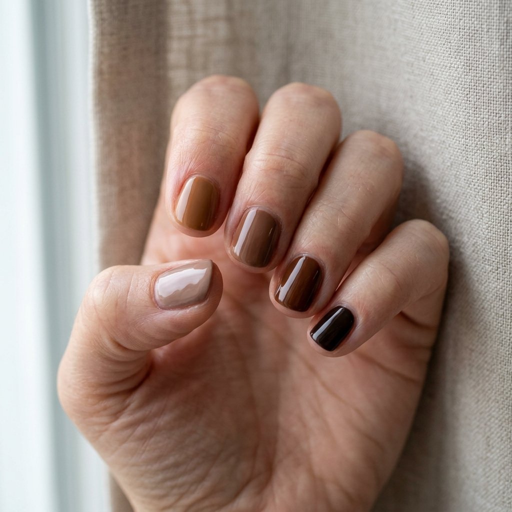 Graduated skittle manicure with five different shades of brown from mocha to espresso