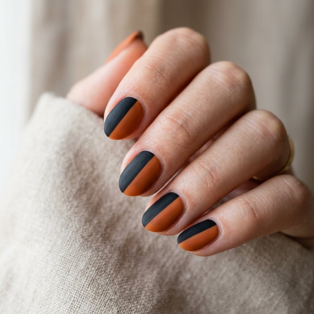 Diagonal split nails in matte black and burnt orange halves