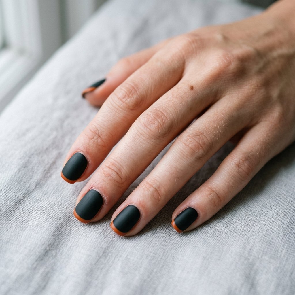 Matte black nails with narrow burnt orange French tips